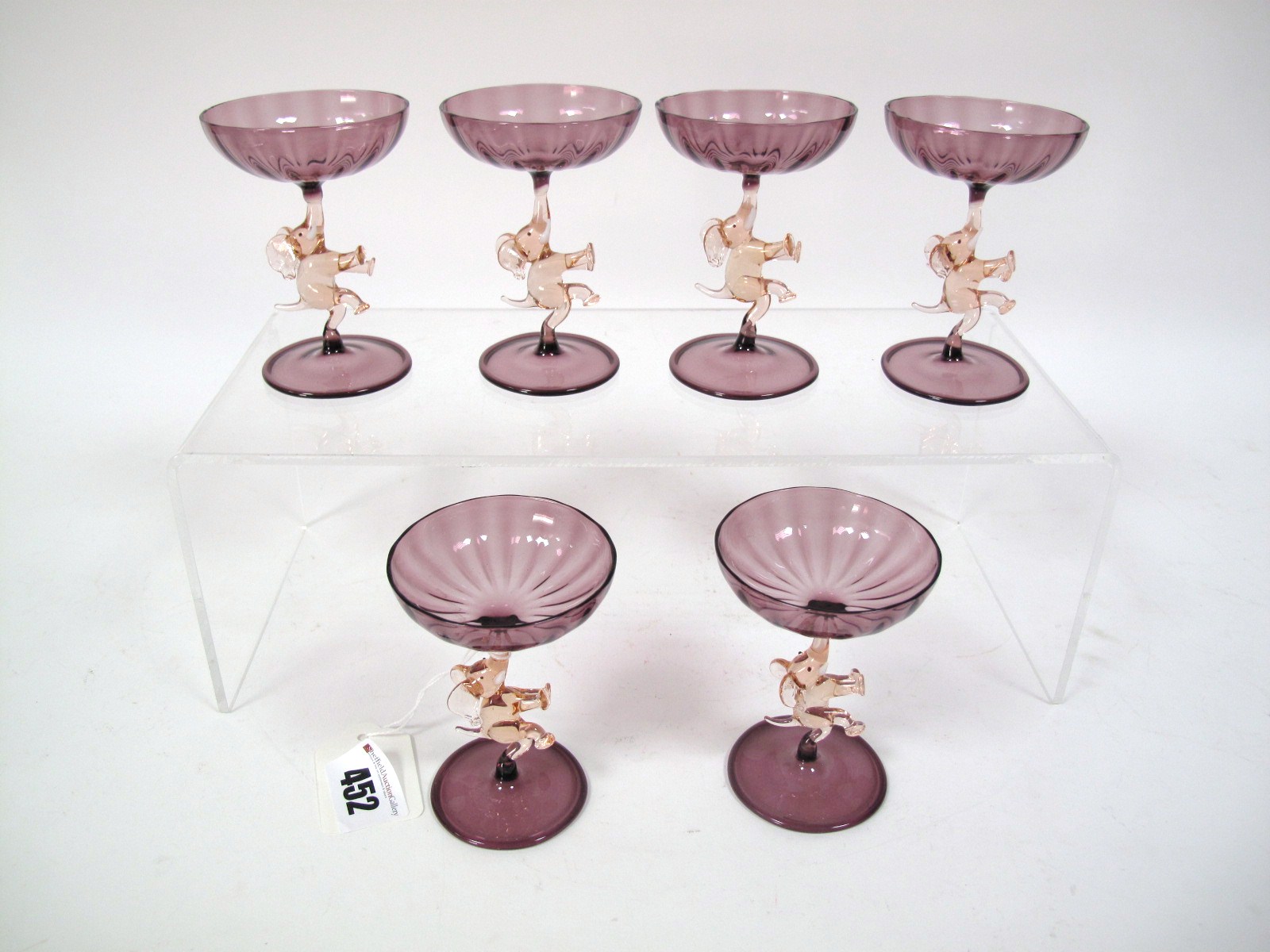 A Set of Six Mid XX Century Vintage Bimini Werkstatte Cocktail Glasses, the stems as pink tinted