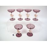 A Set of Six Mid XX Century Vintage Bimini Werkstatte Cocktail Glasses, the stems as pink tinted