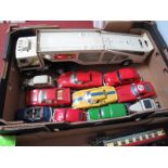 A Nylint Corporation Tin Plate Car Transporter, with three Burago 1:24th Scale Ferrari's, another by