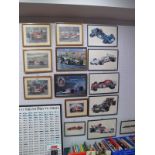 Fourteen Framed Prints on a Largely Formula One Theme, Tyrrel, Lotus, McClaren, Ferrari and others.