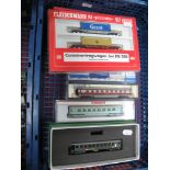 Six Boxed and Cased N Gauge Continental Outline Goods Wagons and Carriages. Including Fleischmann #