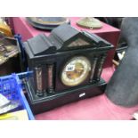 Late XIX Century Black Slate Mantle Clock, with marble pillars, black numerals to cream chapter