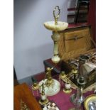 A Pair of Brass and Alabaster Twin Candlesticks, with lustre drops and a smokers stand.