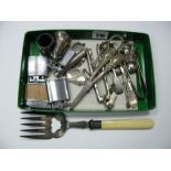 Lighters, grape scissors, decanter labels, condiment and other spoons, fish serving fork, etc:-