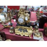 A Victorian Gilt Spelter and Glass Mounted Clock Garniture, the clock with cylinder movement,