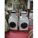 Two White Painted Railway Style Hand Carry Lamps, with convex glass light panels, 48cms high.