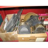 Five Various Metal Pub Lamps, and a quantity of coloured pane leaded lights:- Two Boxes