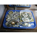 Jewellery, medallions, twelve piece knife and fork set, coins, etc:- One Tray