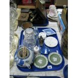 Wedgwood Jasper and "Rosehip" Ceramics, Doulton jardiniere, glasswater carafe, blue and white teapot