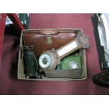 An Early 1900's Wall Barometer, a vintage green telephone, leather satchel, etc:- One Box