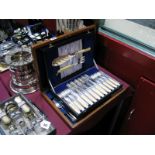 A Cased Set of Electroplated Fish Knives and Forks, and a late XIX century mahogany cutlery