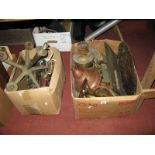 Ceiling Light, brass oil lamp, bellows, brass and copper ware:- Two Boxes