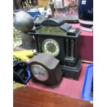 A Circa 1900 Black Slate Eight Day Mantel Clock, of architectural form, the pediment with applied