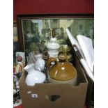 Alabaster Lamp, oil lamp, ceiling light, stoneware bottle:- One Box