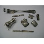 A Hallmarked Silver Pepperette, a fork, file in slide case, knife, two vesta cases, etc. (8)