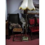 A Brass and Onyx Standard Lamp and Shade, reeded column, squared base on lion paw feet, and a