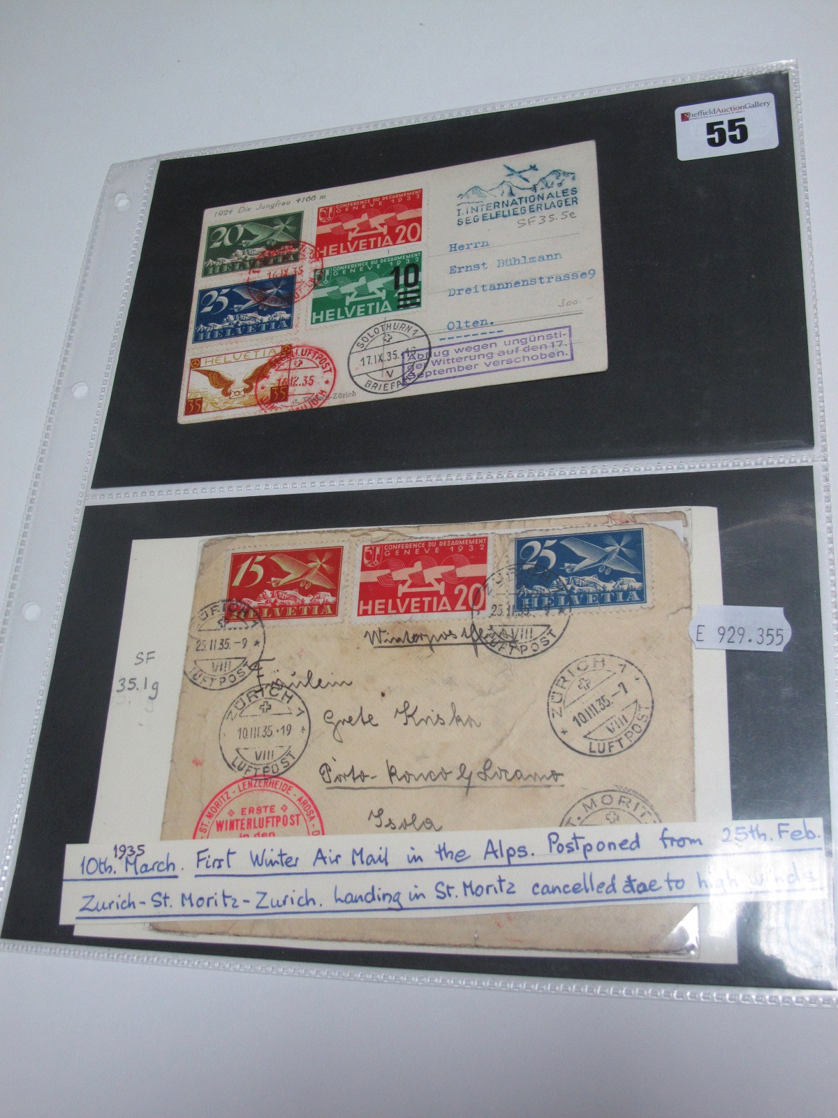 Switzerland - First Winter Air Mail in the Alps, postponed February 1935 to 10th March 1935 due to