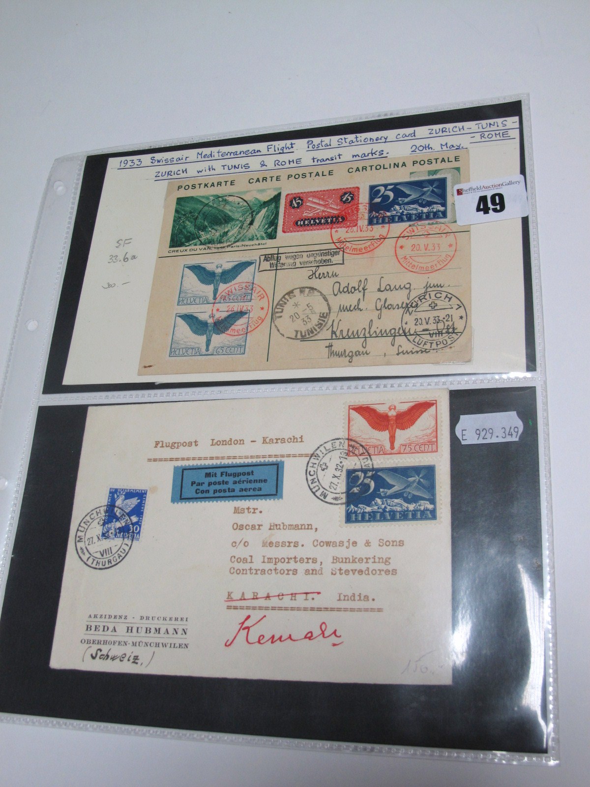 Switzerland - A Pair of 1932 and 1933 Air Covers, 1933 uprated stationery card, Zurich-Tunis-Rome