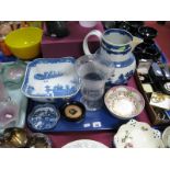 A XIX Century English Blue and White Pearl Ware Jug, (repaired), a "willow pattern" bowl (restored),