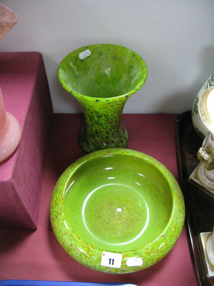 A Strathearn Glass Bowl, in green with deeper green and red flecks; a waisted vase, similarly