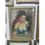 F Gerli Mid XX Century Oil on Canvas - Study of a Continental Lady Wearing a Low Cut Turquoise