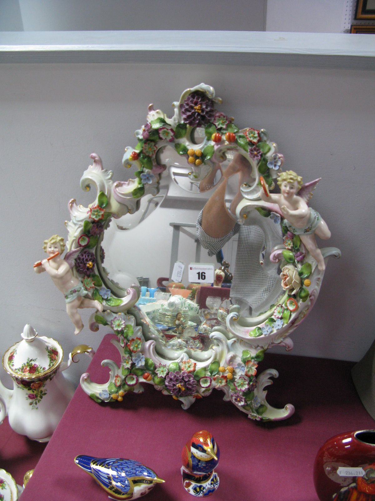 Late XIX Century Dresden Style Porcelain Framed Dressing Mirror, with easel back, ornately decorated