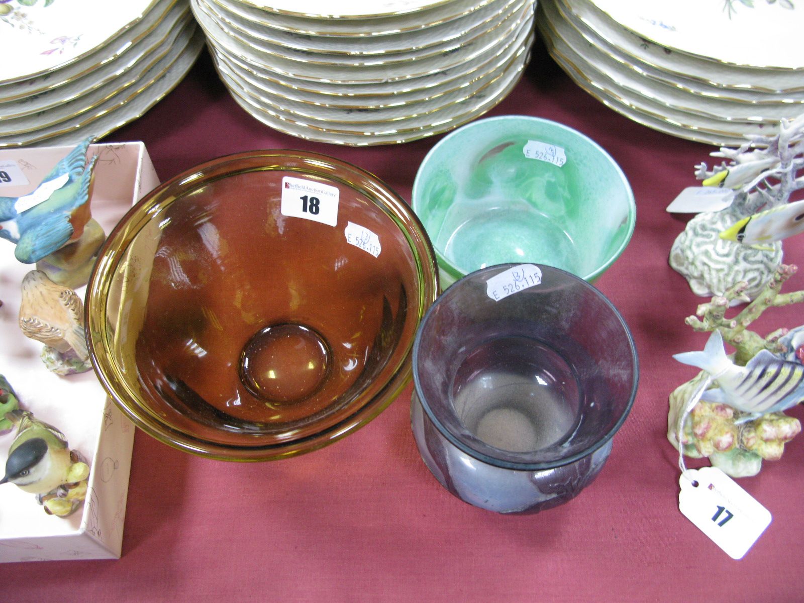 A c.1930's Gray-Stan Bowl, green mottled, etcvhed to base; an amber glass Ekenas Swedish glass bowl,