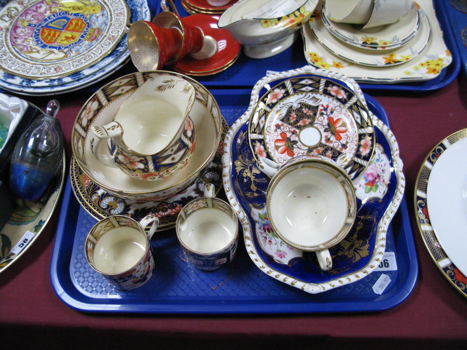 Royal Crown Derby Imari, including 2451 plate, cups, sugar and cream, floral plates and cracked