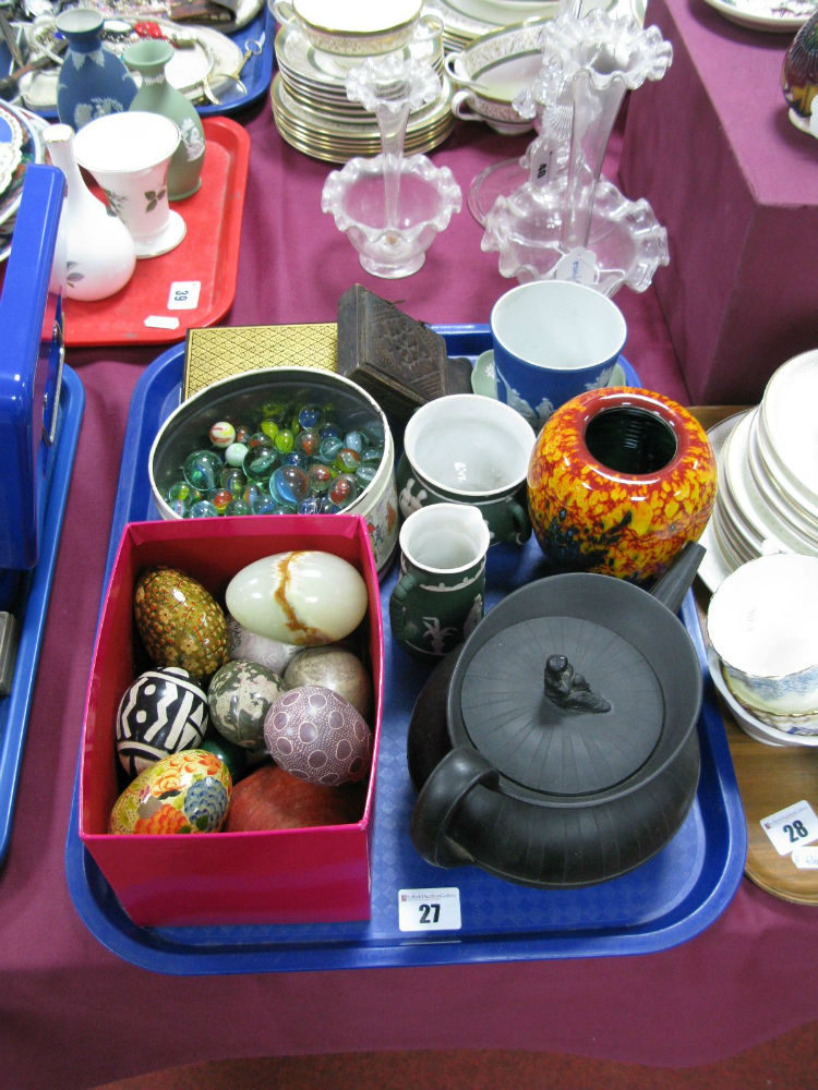 Wedgwood Black Basalt Teapot, Poole vase, tin of marbles (XIX Century and later), onyx egg and other