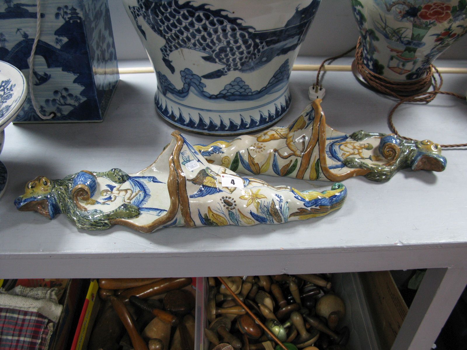 A Pair of Early XX Century Italian Majolica Wall Pockets, of cornucopia form, polychrome painted