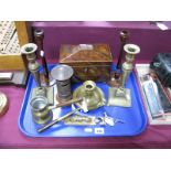 A XIX Century Burr Walnut Tea Caddy, of sarcophagus form, treen and brass candlesticks, Pillar Box