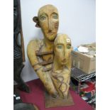 Mounter - A Carved Wooden Double Bust Figure Group of Male and Female, hand coloured features, he