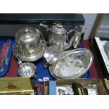 Plated Biscuit Barrel, hot water jug, coffee pot, Dixon's basket, other plated ware:- One Tray