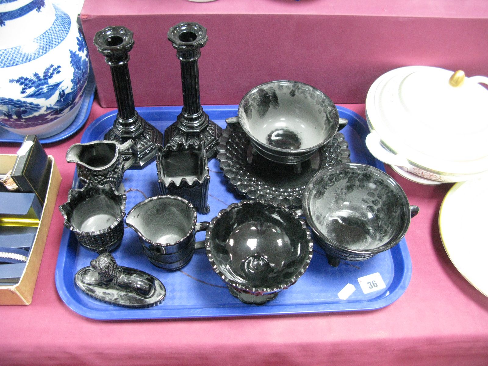 A Collection of XIX Century Black Pressed Glassware - Sowerby spill vases, corinthian column