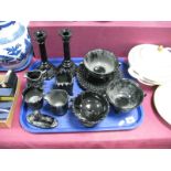 A Collection of XIX Century Black Pressed Glassware - Sowerby spill vases, corinthian column