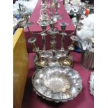 Plated Twin Branch Candelabra, together with pair of plate on copper candlesticks, shaped