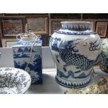 Chinese Blue and White Pottery Table Lamp, circa mid to late XX Century, featuring pagoda bridge and