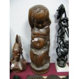 Aubert - Large Carved Hardwood Figure of Kneeling Pot Bellied Boy, his right arm to back of adzed