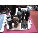 RMB Monogrammed Hardwood Human Head Study, two carved Samak ebonised heads, Jambo Kenya 1997 mask,