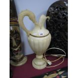 Large Alabaster Table Lamp, as a ewer with dolphin handle, 53cms high.