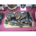 Two Carved African Hardwood Female Ewer Makers, five other masks and two busts:- One Tray