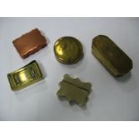 A Collection of Assorted Brass and Copper Snuff/Trinket Boxes, each with hinged lid. (5)