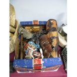 A Quantity of African Masks, figures, knife, Polynesian style paddle, Aztec masks, etc:- One Box