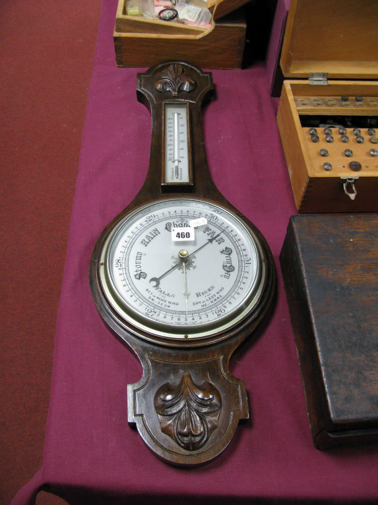 1920's Walnut Cased Banjo Barometer, with silvered dial and thermometer to neck.