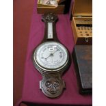 1920's Walnut Cased Banjo Barometer, with silvered dial and thermometer to neck.