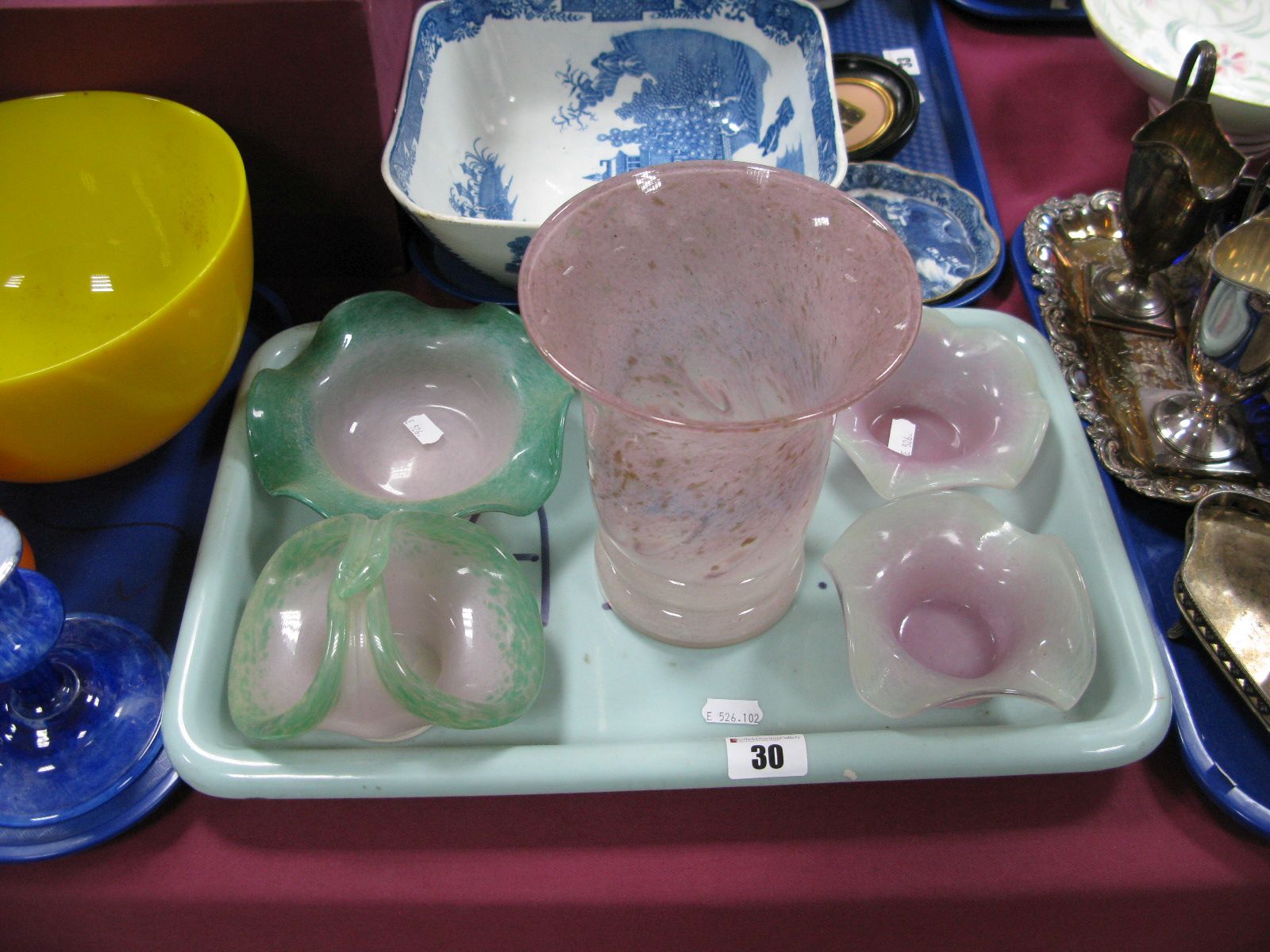 Four Small Vasart Glass Posies, each pink tinted to green, etched bases; together with a mottled