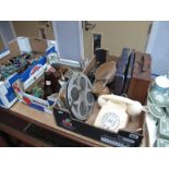 Two Boxes of Collectables, including a cream 1970's phone, cased 9mm films, two pairs of skates,