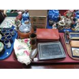 Oak Biscuit Barrel, travelling set, horn beakers, Ypres handkerchief, photo frame, mineral