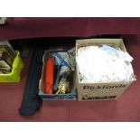 A Quantity of Curtains, etc, display screen, breakdown sign, lamp, tools, knives.
