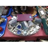 Tankards, cutlery, salts, oval galleried tray.